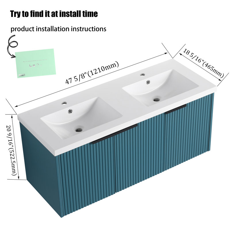 Meuble-lavabo flottant mural 48 po avec plateau en résine et porte à fermeture en douceur 48 po, Bleu lac