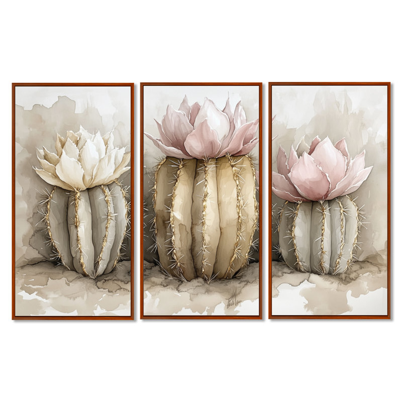 «Desert Bloom Cactus Trio II», ensemble d'art mural encadré botanique de 3, H 40 po x l 60 po, Cadre flottant brun