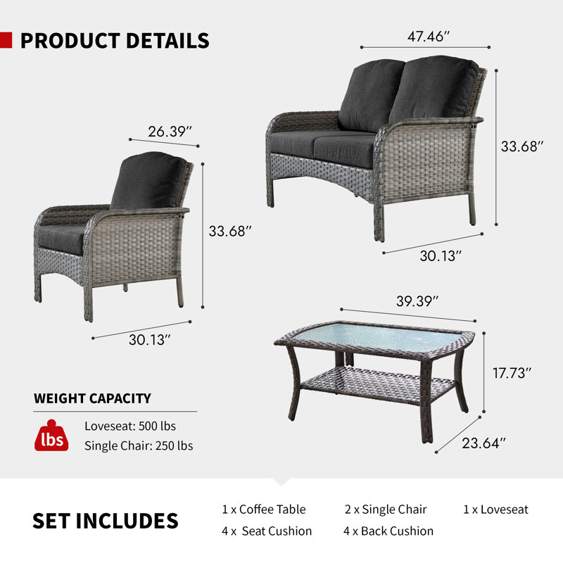 Ensemble de conversation d'extérieur pour 4 personnes avec coussins Allcot, Noir, noir, noir, noir