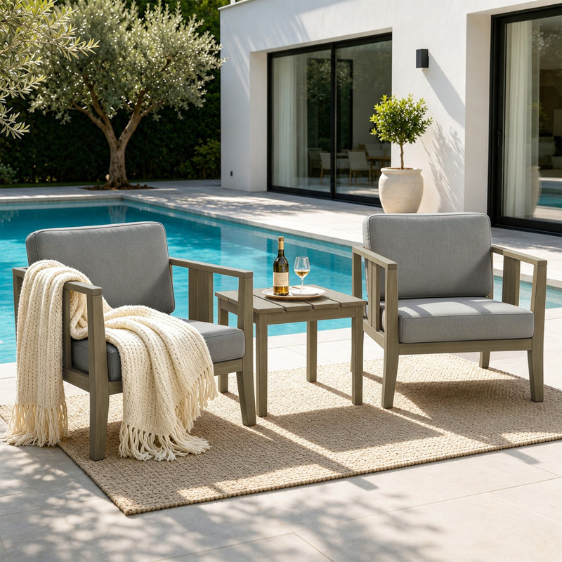 Junco Teak Outdoor Two-Person Patio Set With Cushions And Side Table, Brown, Gray
