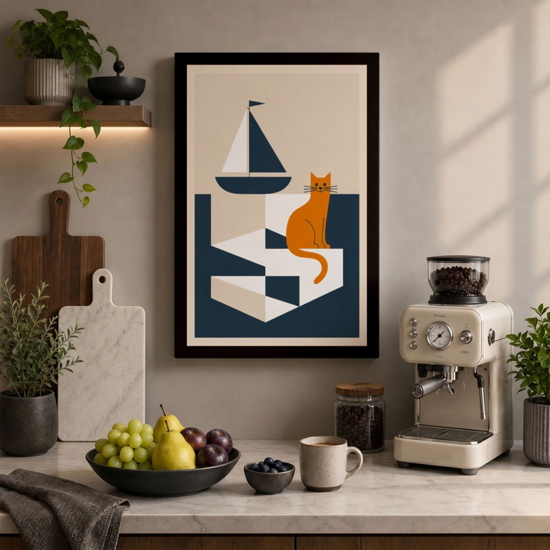 Cat and Sailboat Mid-Century - Wrapped Canvas, 18x12 - 45.7 x 30.5 cm, Teal Border