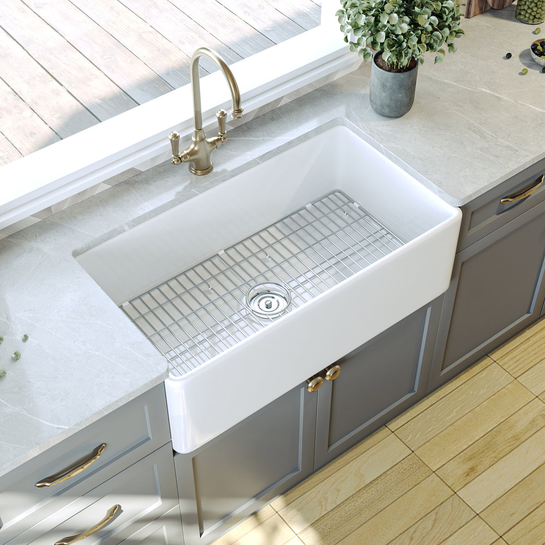 Grove 33" L X 18" W Rectangular Single Bowl Fireclay Farmhouse Kitchen Sink with Grid and Strainer DeerValley