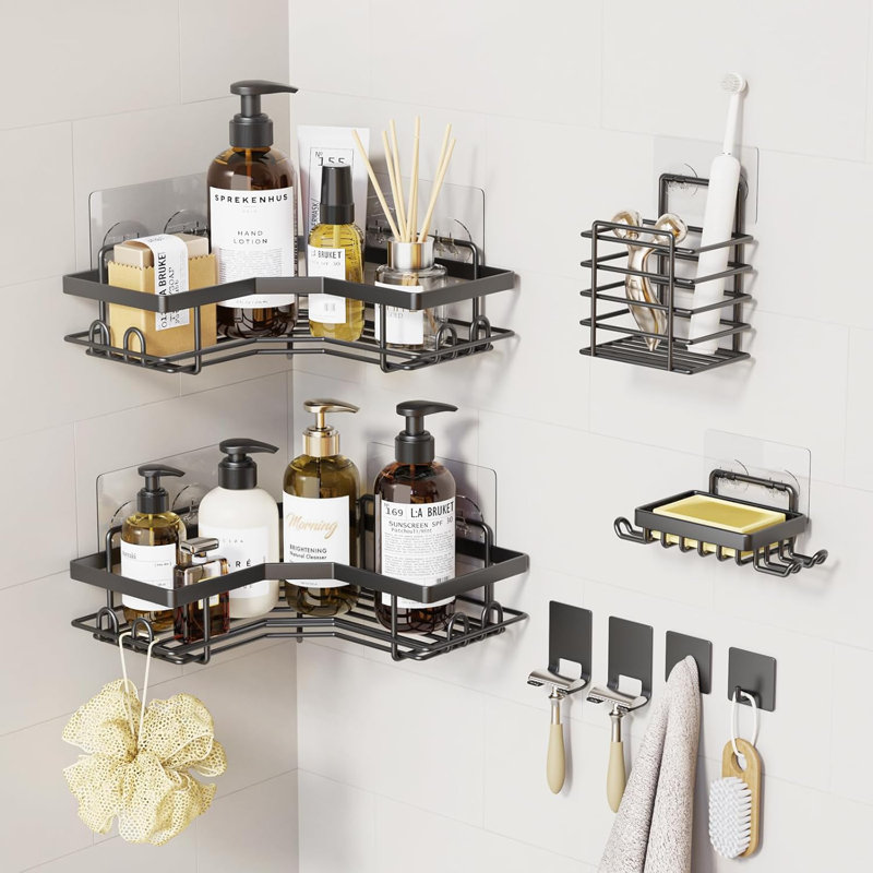 Ensemble de 5 paniers de douche en coin avec porte-savon et brosse à dents, organisateur de salle de bain en acier inoxydable antirouille, tablettes adhésives sans perçage, rangement grande capacité pour salle de bain, cuisine, dortoir