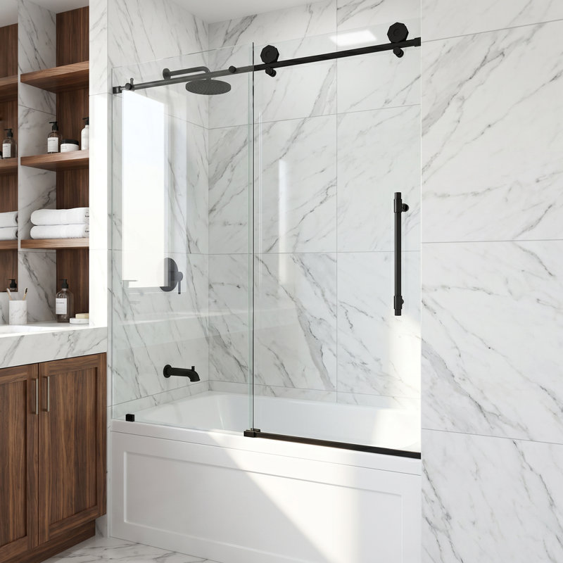 Elan Hart 56-60" W x 66" H Sliding Frameless Tub Door with 3/8" Clear Glass, Matte Black