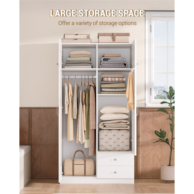 4 Door 2 Drawer Wardrobe, with Hanging Rail and Storage Shelf, Modern White Wardrobe Storage Clothes Shelf for Bedroom 
