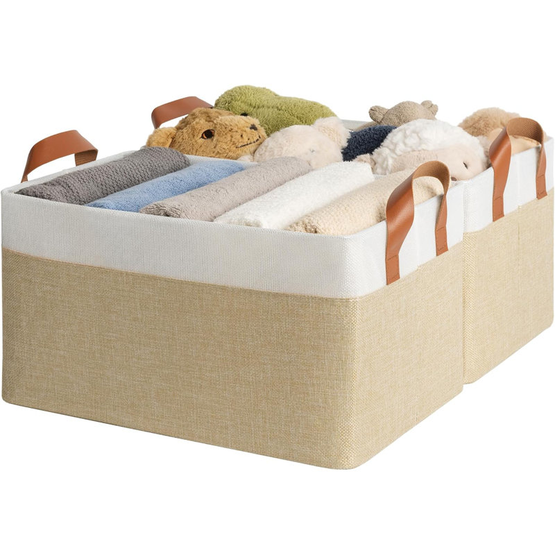 Shelf Baskets For Shelf, Fabric Storage Bins With Metal Frame,Foldable Storage Boxes With PU Handles,2-Pack, Khaki/White