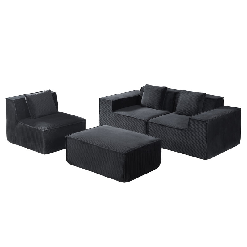 Boneless Compression 112.1'' L shape modular sectional sofa, Black Corduroy