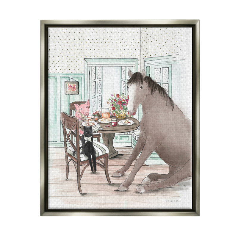 Animaux partageant un repas, impression encadrée sur bois, H 31 po x l 25 po x P 1,7 po, Cadre flottant gris lustré