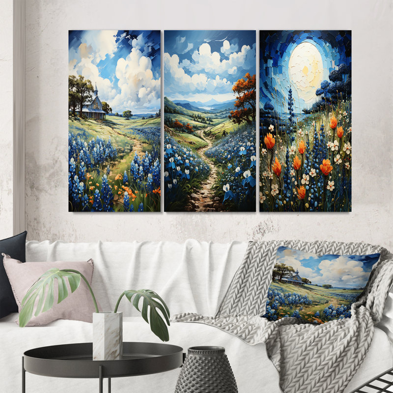 «Blue Bonnets Texan Blues», 3 pièces, Toile tendue, H 28 po x l 36 po