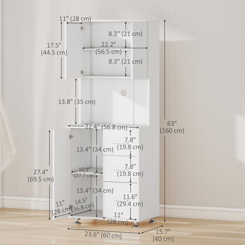 Armoire de cuisine moderne avec huche de rangement Latitude Run®, 2 armoires, 3 tiroirs et comptoir ouvert, blanc