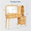 Coiffeuse en bois cannelée avec grand miroir, coiffeuse à 4 tiroirs avec armoire de rangement et station de charge pour chambre à coucher, naturel