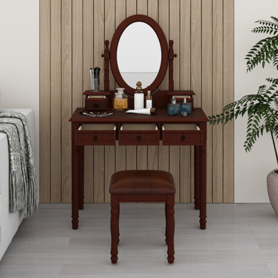 Vanity Makeup Table Set with Adjustable Mirror, 5 Drawers and Cushioned Stool