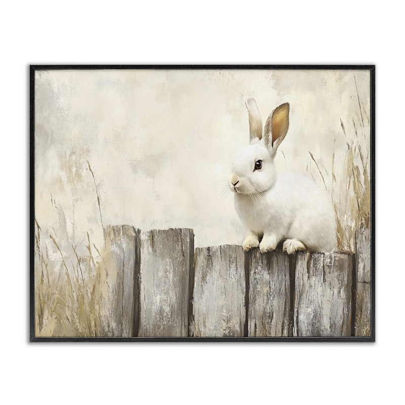 Lapin sur la clôture, estampe numérique, design par Franklyn Gregory, H 11 po x l 14 po, Giclée encadrée noir minuit