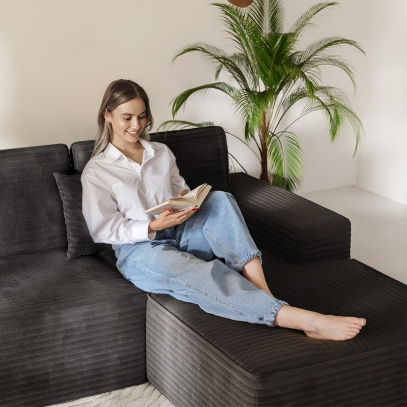 104" Modular Sectional Sofa With L-Shaped Chaise, No Assembly Required, Black Corduroy
