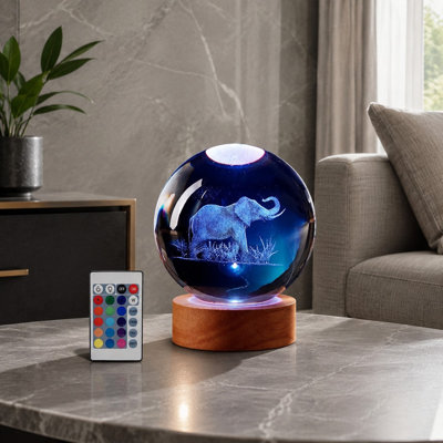 3.15 inch Elephant Crystal-Ball Night Light with Wooden LED Base and Glass Ball, USB Connection, Remote Control, 16-Color Change and Gift Box