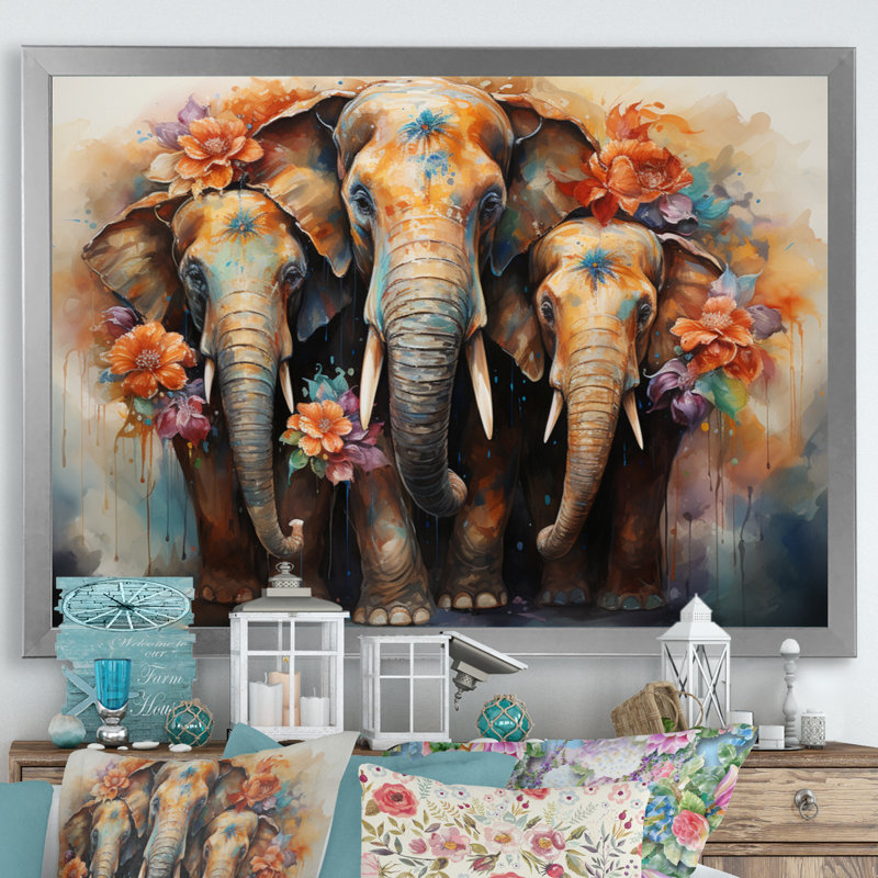 Art asiatique, éléphants thaïlandais - impression, Cadre photo argenté, H 16 po x l 32 po x P 1 po