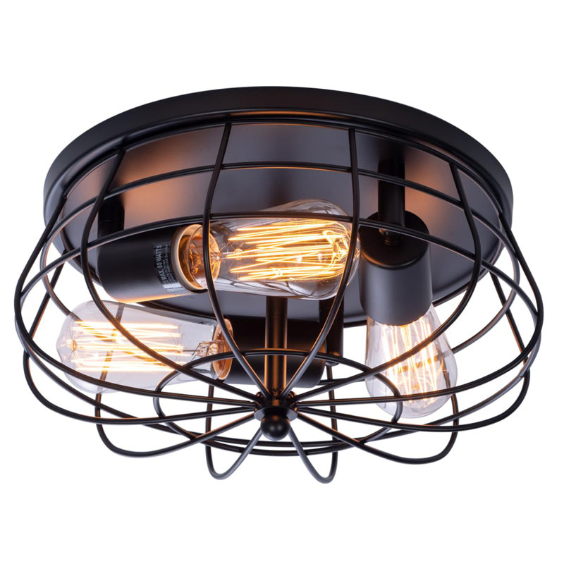 Black Semi Flush Mount Ceiling Light 3-Light Rustic Ceiling Lamp Fixture With Metal Cage For Kitchen Living Room Dining Room Bedroom Hallway