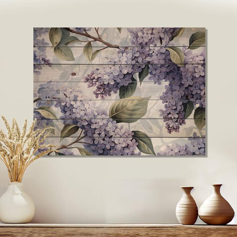 Lilas mauve et gris, fleurs parfumées IV sur bois, H 24 po x l 32 po x P 0,78 po