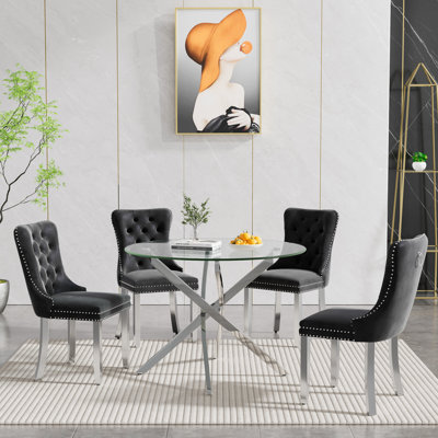 36" Glass Dining Room Table Set for 4, 5-Piece Round Kitchen Dining Table Set with Metal Legs and 4 Velvet Upholstered Chairs, Glass Kitchen Table and Chairs Set