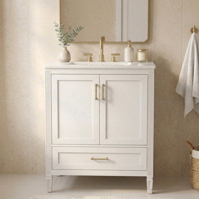30" Freestanding Bathroom Vanity Set with Integrated Ceramic Sink Top, Soft-Close Double Doors & Bottom Drawer, Adjustable Shelf & Door Organizers