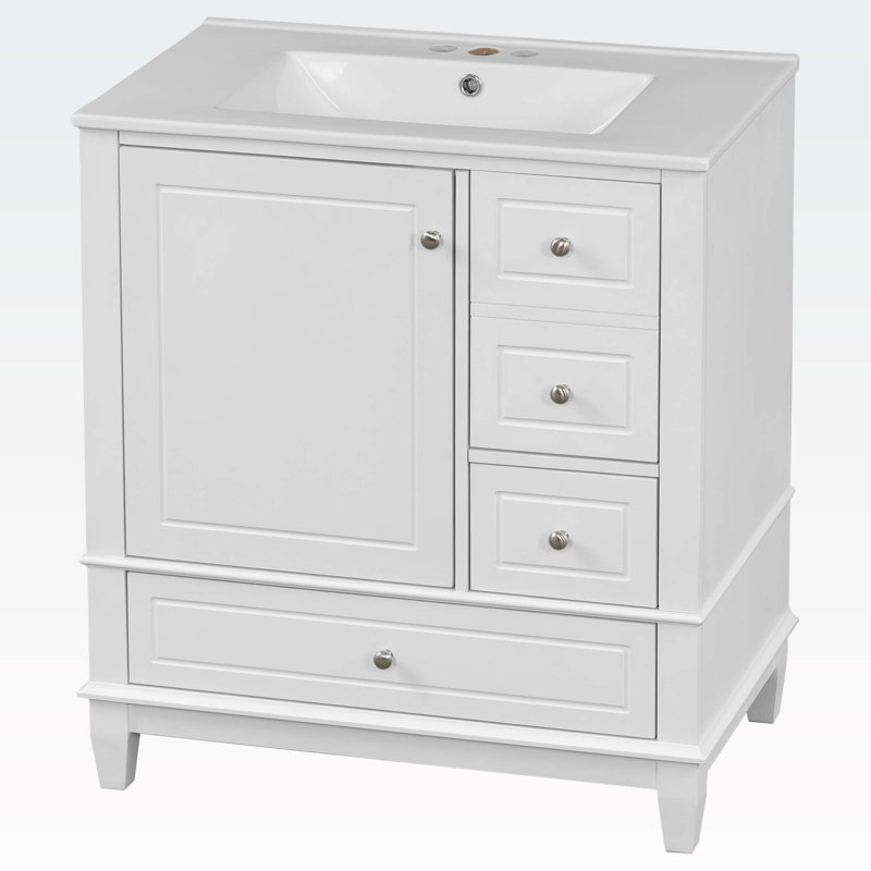 Bathroom Vanity with Sink,One Door with Shelf and Three Drawers, White