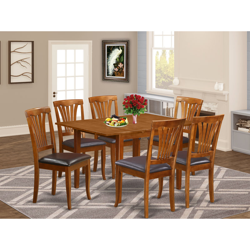 7 Piece Modern Dining Table Set Consist of a Rectangle Wooden Table with Butterfly Leaf and 6 Faux Leather Kitchen Dining Chairs, Saddle Brown
