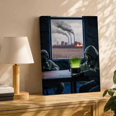 Canvas A Dimly Lit Post Apocalyptic Interior Scene Featuring Two Figures Wall Art In Protective Gas Masks And Hazmat Suits Seated At A Canvas Wall Art