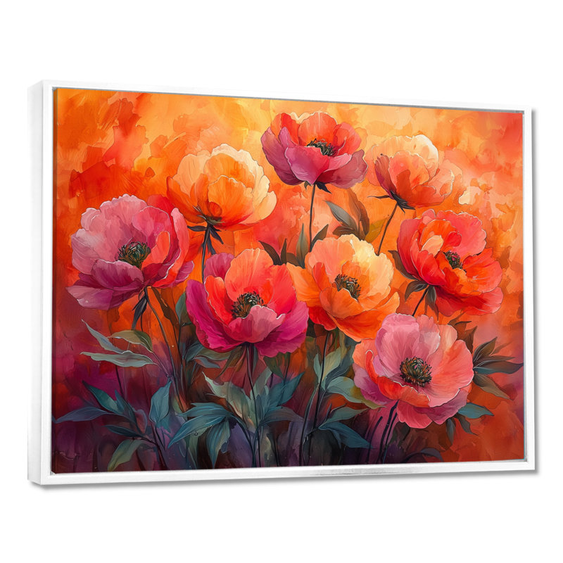Radiance au coucher du soleil, pivoines, fleurs II - pivoines, art mural, H 24 po x l 32 po, Cadre flottant blanc