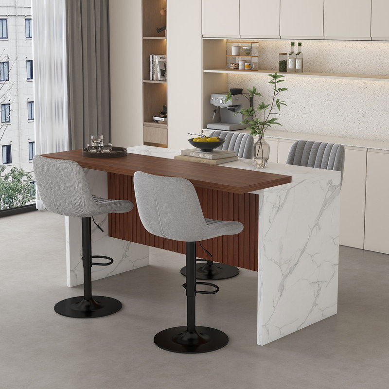 Ensemble d'îlot de cuisine 63 po avec 4 tabourets de bar gris - surface d'aspect marbre blanc, éclairage DEL et conception de barbecue pour la salle à manger, espaces ouverts, salon (4 tabourets de bar gris)