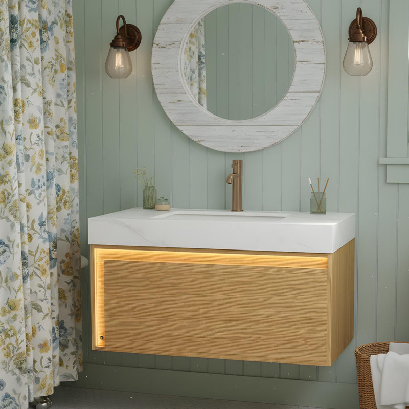 Meuble-lavabo flottant 36 po avec tiroir et lavabo en céramique 36 po, Blanc de Carrare, 36"