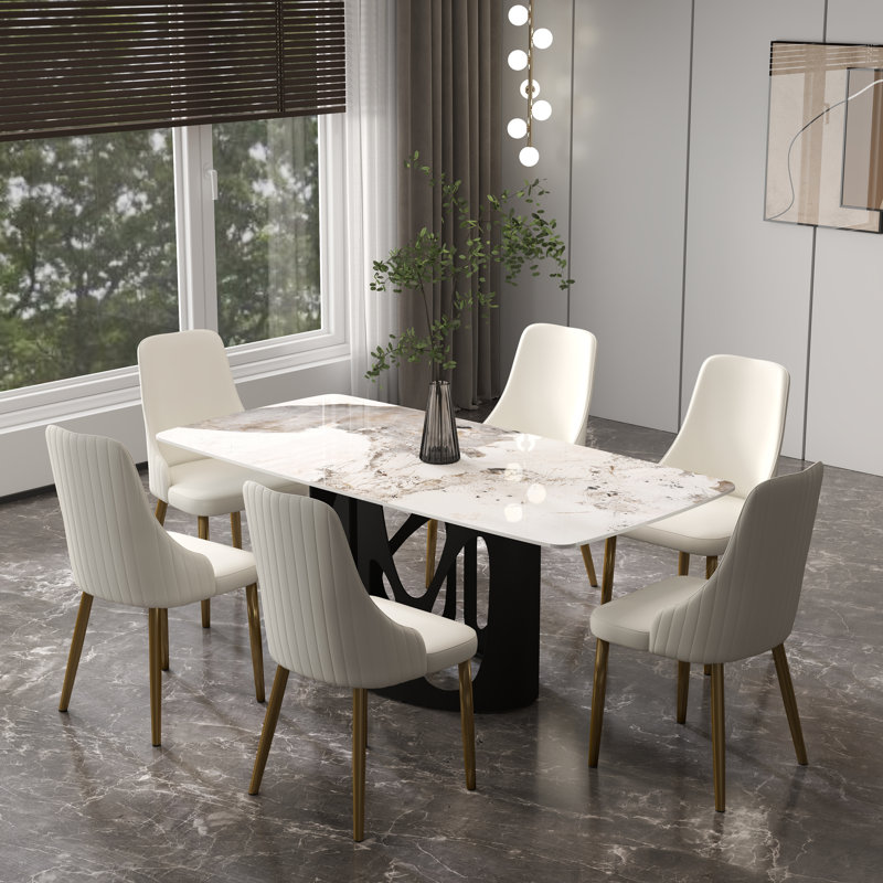 Ensemble de salle à manger à piédestal en pierre 7 pièces, Beige, Blanc