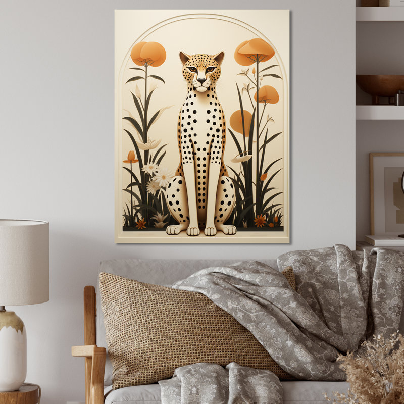 Art mural en métal beige et vert Mid Century Cheetah Meadow - léopard / guépard, H 32 po x l 16 po x P 1 po