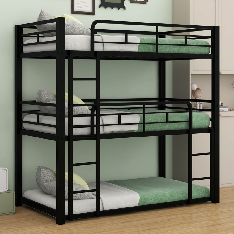 Lits simples superposés triples avec 2 échelles, structure de lit superposé en métal avec garde-corps, Noir