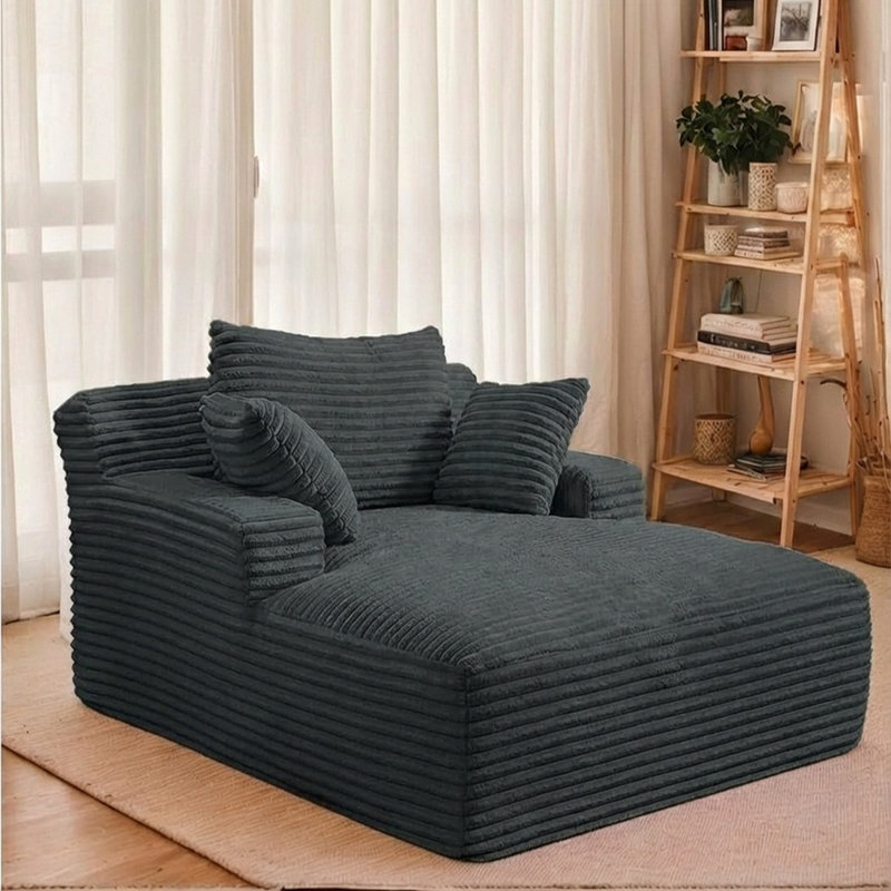 66 Inch Chaise Lounge Chair Indoor, Oversized Corduroy Sleeper Chair with Throw Pillows, Upholstered Reading Chairs Boneless Deep Seat Sleeper Couch for Living Room, Bedroom, Movie Room