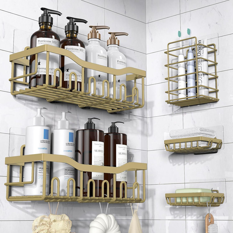Ensemble de 5 paniers de douche en acier inoxydable - Organisateur de salle de bain adhésif sans perçage avec grande capacité, tablettes de douche antirouille pour la salle de bain, la cuisine et le rangement à la maison