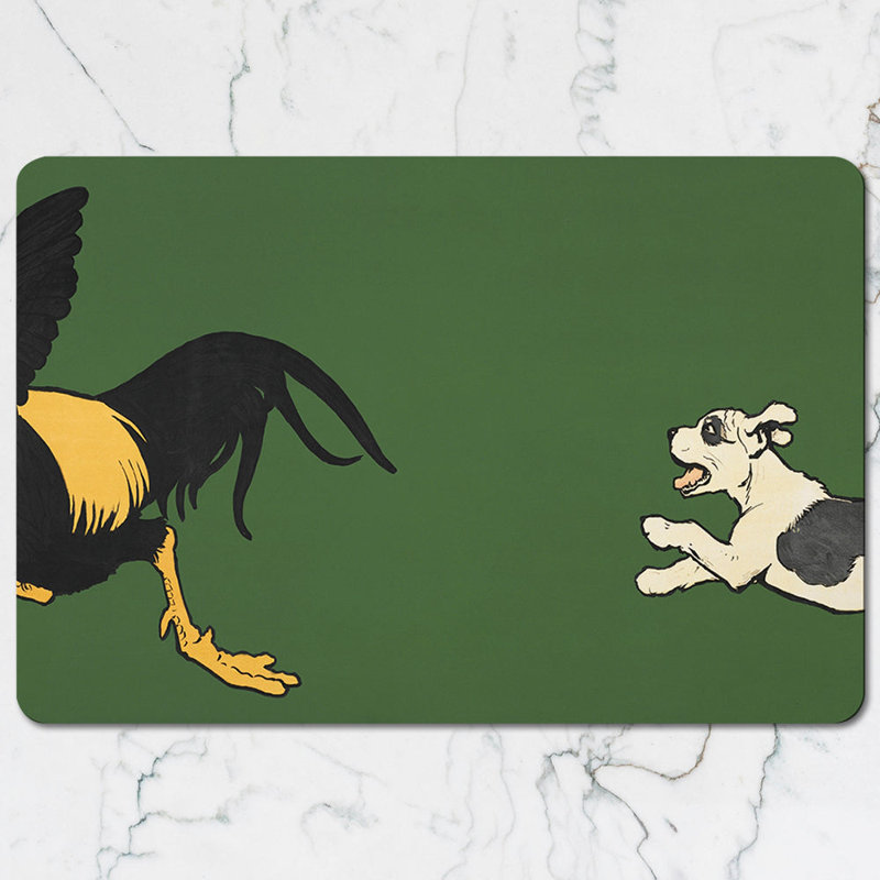 Green Placemat Coaster Set Featuring Running Dogs Artwork