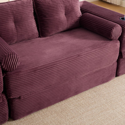 Compact Two Seats Convertible Sofa Bed With Minimalist Design, Seat Boneless Sleeper Futon, Soft Corduroy Floor Couch, Adjustable Movable Headrests, Thick Back Support