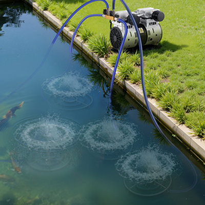 Aérateurs de bassin, système d'aération de 6,7 pi³ / min pour les Lacs jusqu'à 3 acres, 1 compresseur d'air de 1 HP, 4 diffuseurs et quatre tubes lestés de 100 pi, pompe d'aération de bassin extérieure pour la circulation d'oxygène en eau profonde