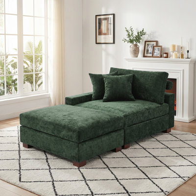 Upholstered Green Chenille Modular Chaise Lounge with Armrests & Throw Pillows