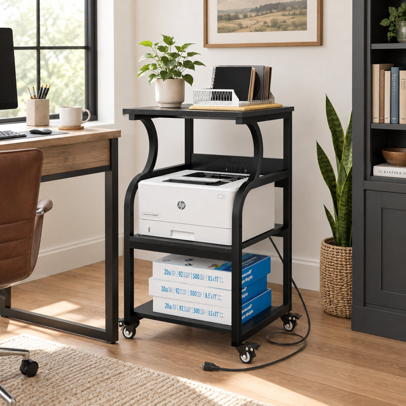 Support pour imprimante H 29,5 po x l 20 po avec tablette de rangement réglable et chariot utilitaire, Noir