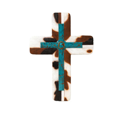 Faux Leather Southwestern Wall Cross Turquoise Gem on Cowhide Design