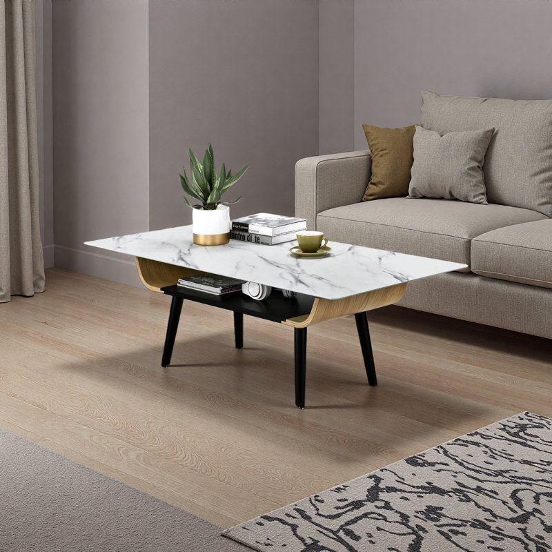 Table basse 47 po avec plateau en verre marbré et bois cintré, Blanc