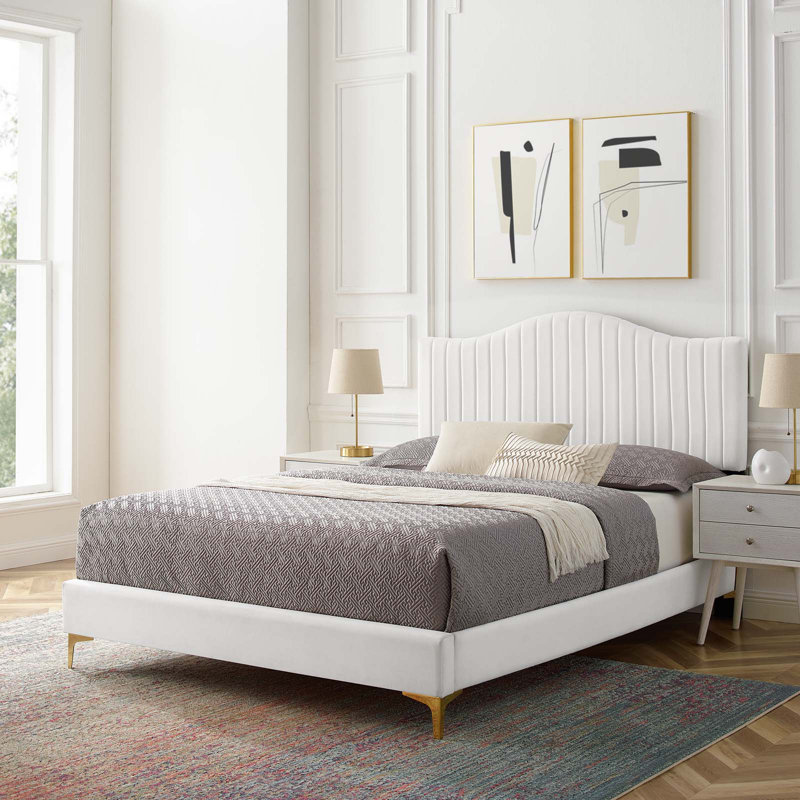 Modway Juniper Channel Tufted Performance Velvet Platform Bed, White, King