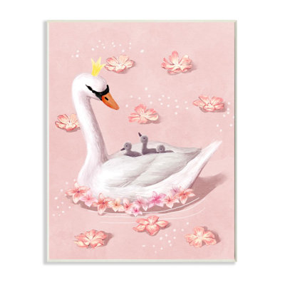 «Mother Swan Queen and Chicks Lake Flowers Pink» par Daphne Polselli - impression d'art graphique