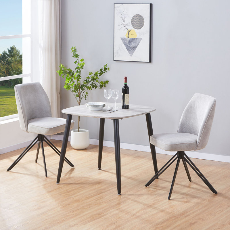 Aspen 2-Piece Casual Dining Set - Compact Square Table & 2 Swivel Upholstered Dining Chairs, Grey Oak, Light Grey