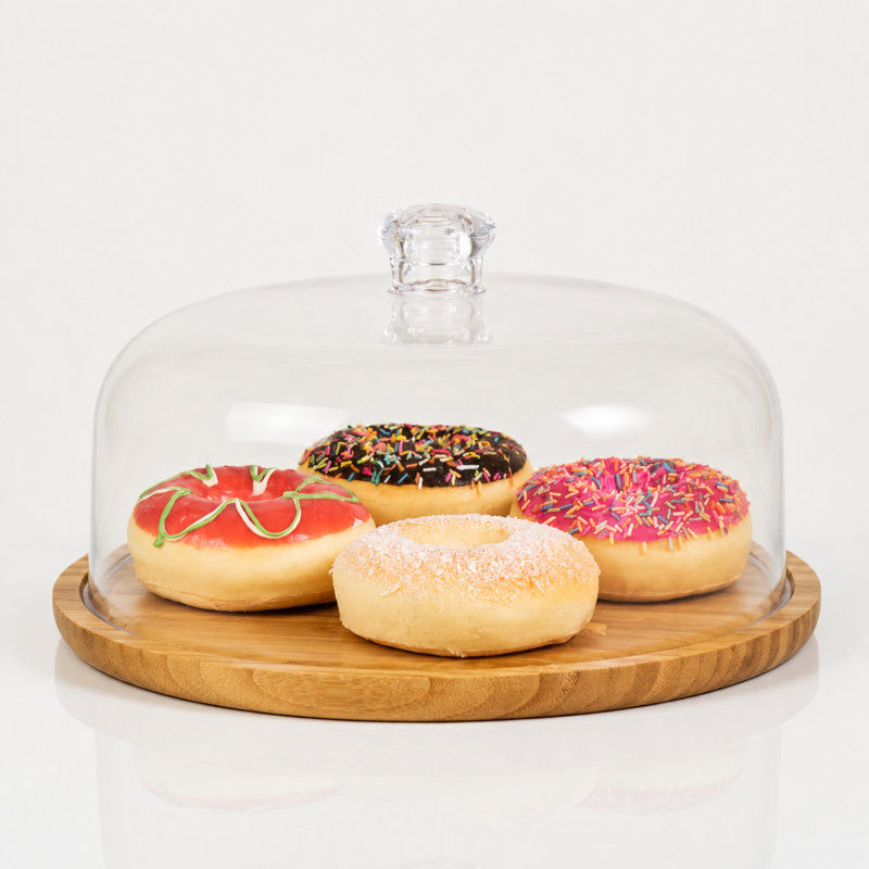 Round Wooden Decorative Cake and Snack Serving Tray with Clear Cover, Bamboo