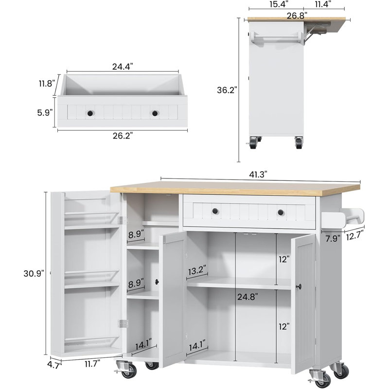 Kitchen Island with Drop Leaf, Island Table on Wheels, Modern Sideboard Buffet with Doors and Storage Pantry Door, White