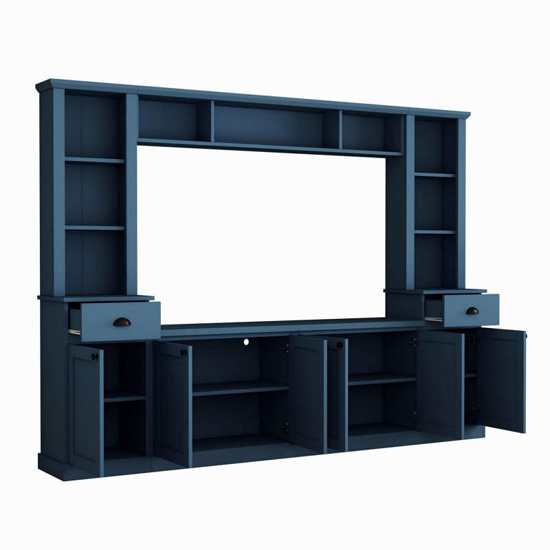 Ensemble de meuble mural Minimalist Entertainment avec pont pour téléviseur de 75 po ou moins, grand meuble télé avec tablettes réglables, grande console média moderne pour le salon, bleu
