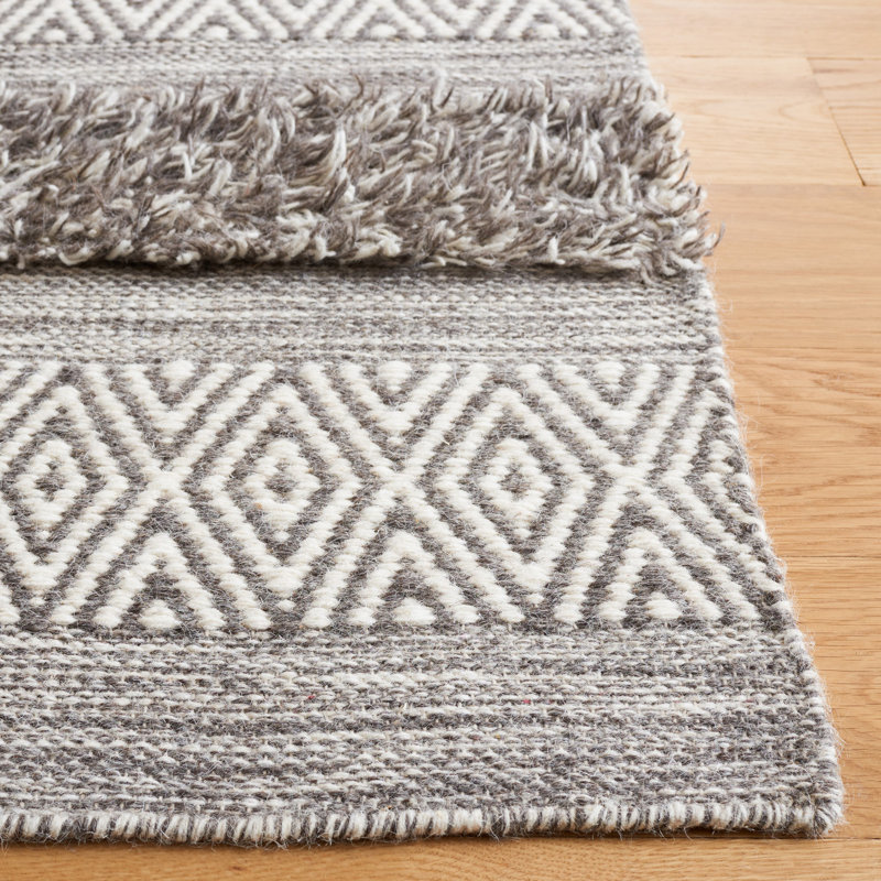 Vermont Hand Woven Wool/Cotton Geometric Rug in Brown/Ivory, Rectangle 5' x 8'