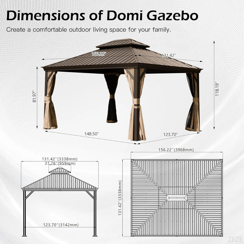 11X13ft Outdoor Gazebo, Hardtop Gazebo With Galvanized Steel Double Roof, Metal Gazebos With Drainage System Patio Pergola For Patio Deck Backyard,Curtain And Netting